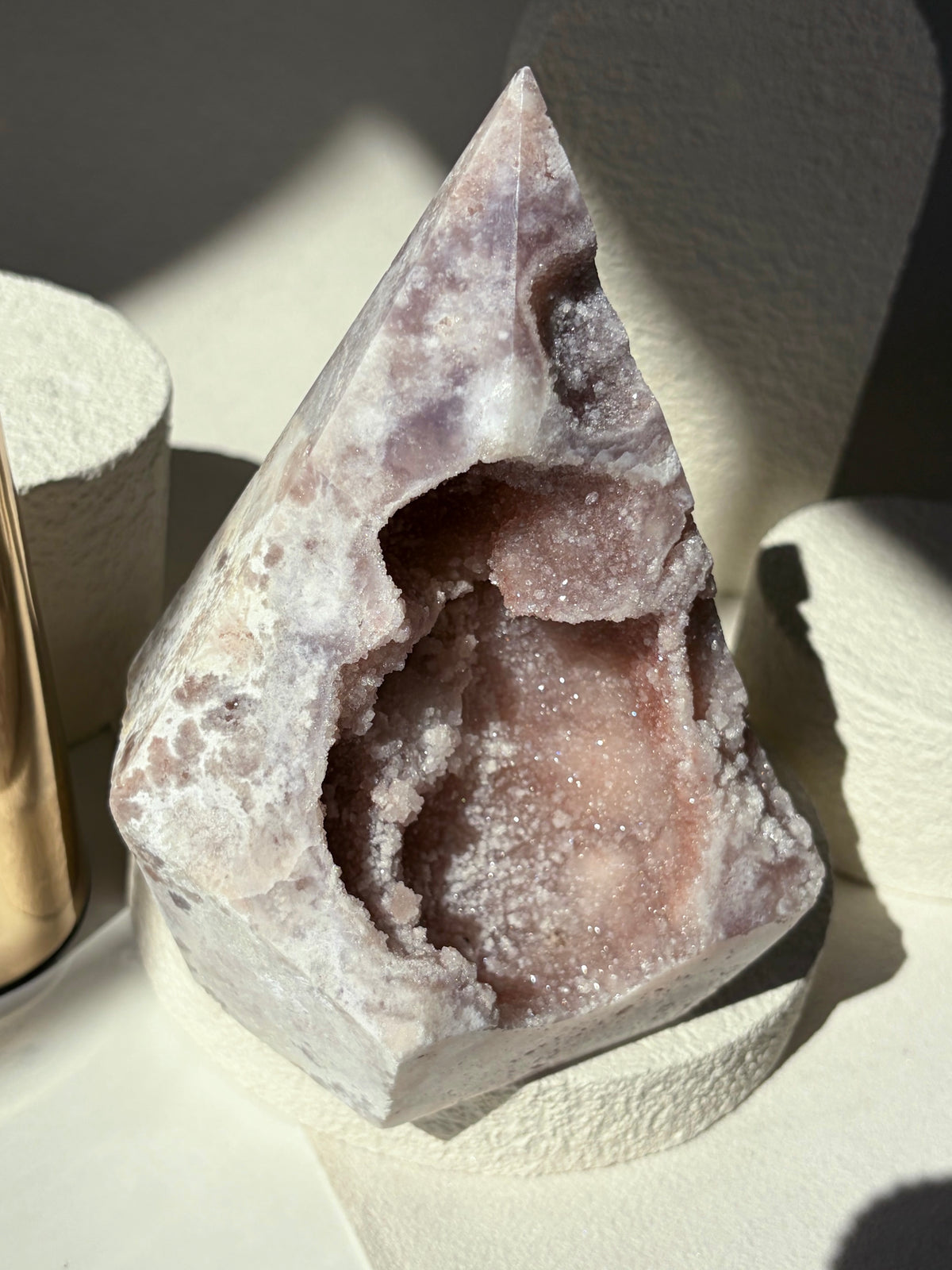 Pink Amethyst Agate Faceted Pendulum Shape With Pink Sugary Druzy