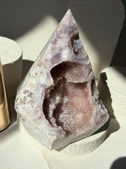 Pink Amethyst Agate Faceted Pendulum Shape With Pink Sugary Druzy