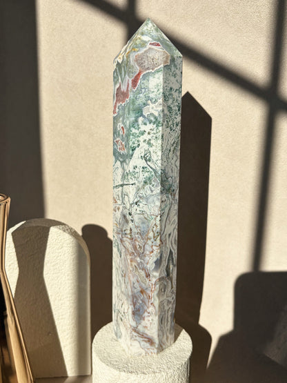 Pink Moss Agate Large Size Crystal Tower