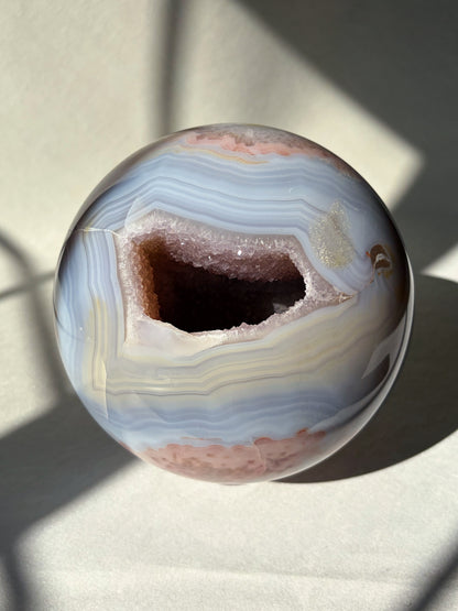 Statement Blue Lace Agate With Amethyst Druzy and Pink plumes Crystal sphere