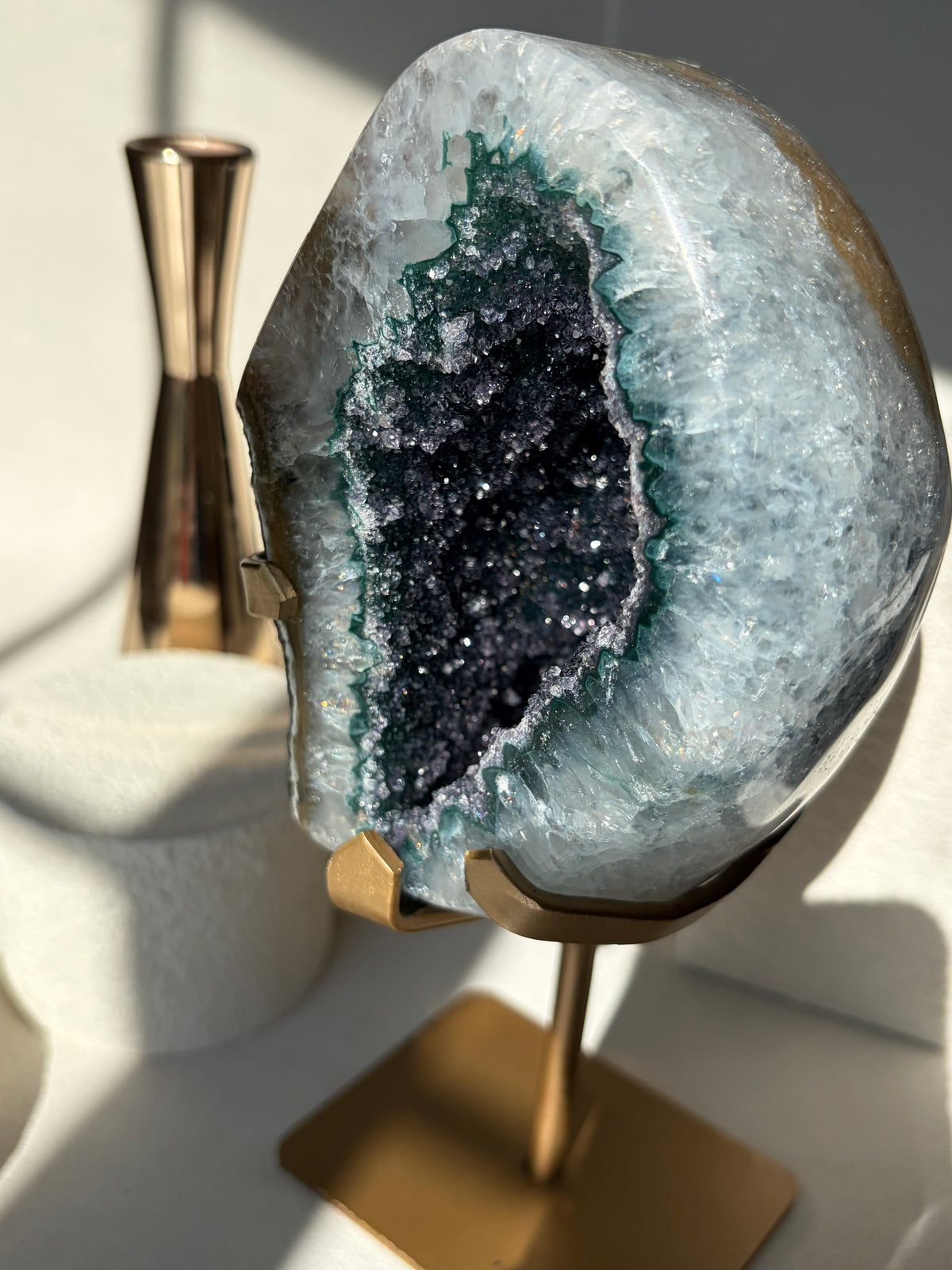 Green Druzy Rainbow Amethyst Geode on Stand