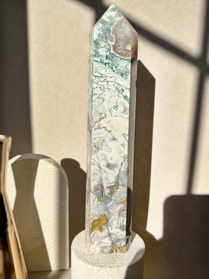 Pink Moss Agate Large Size Crystal Tower