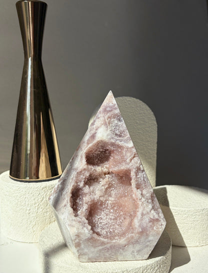Pink Amethyst Agate Faceted Pendulum Shape With Pink Sugary Druzy