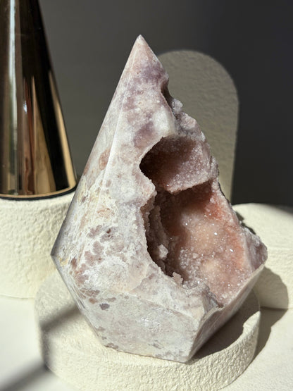 Pink Amethyst Agate Faceted Pendulum Shape With Pink Sugary Druzy