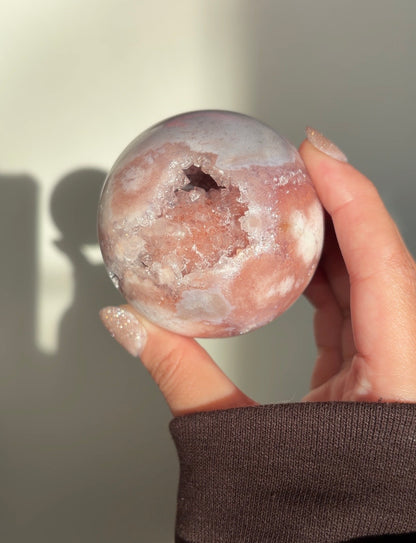 Pink amethyst and orbicular blue flower agate sphere