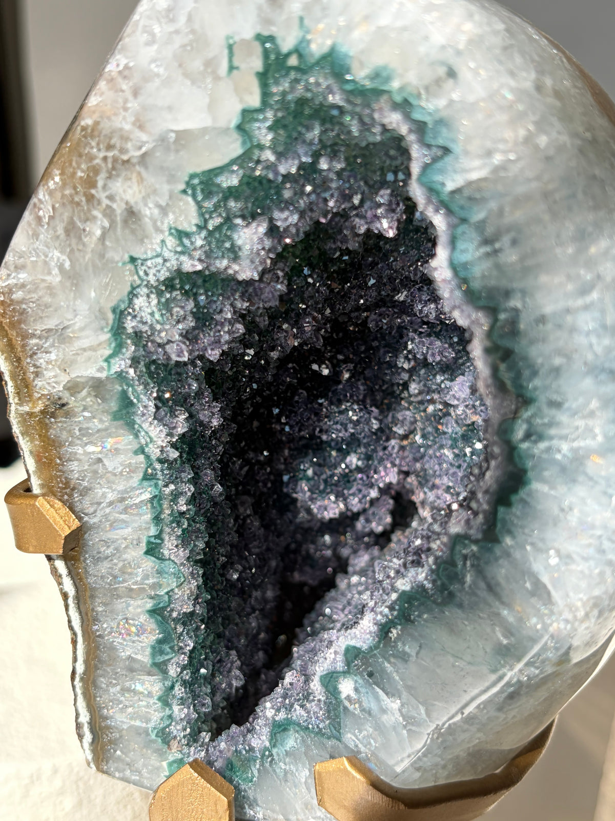 Green Druzy Rainbow Amethyst Geode on Stand