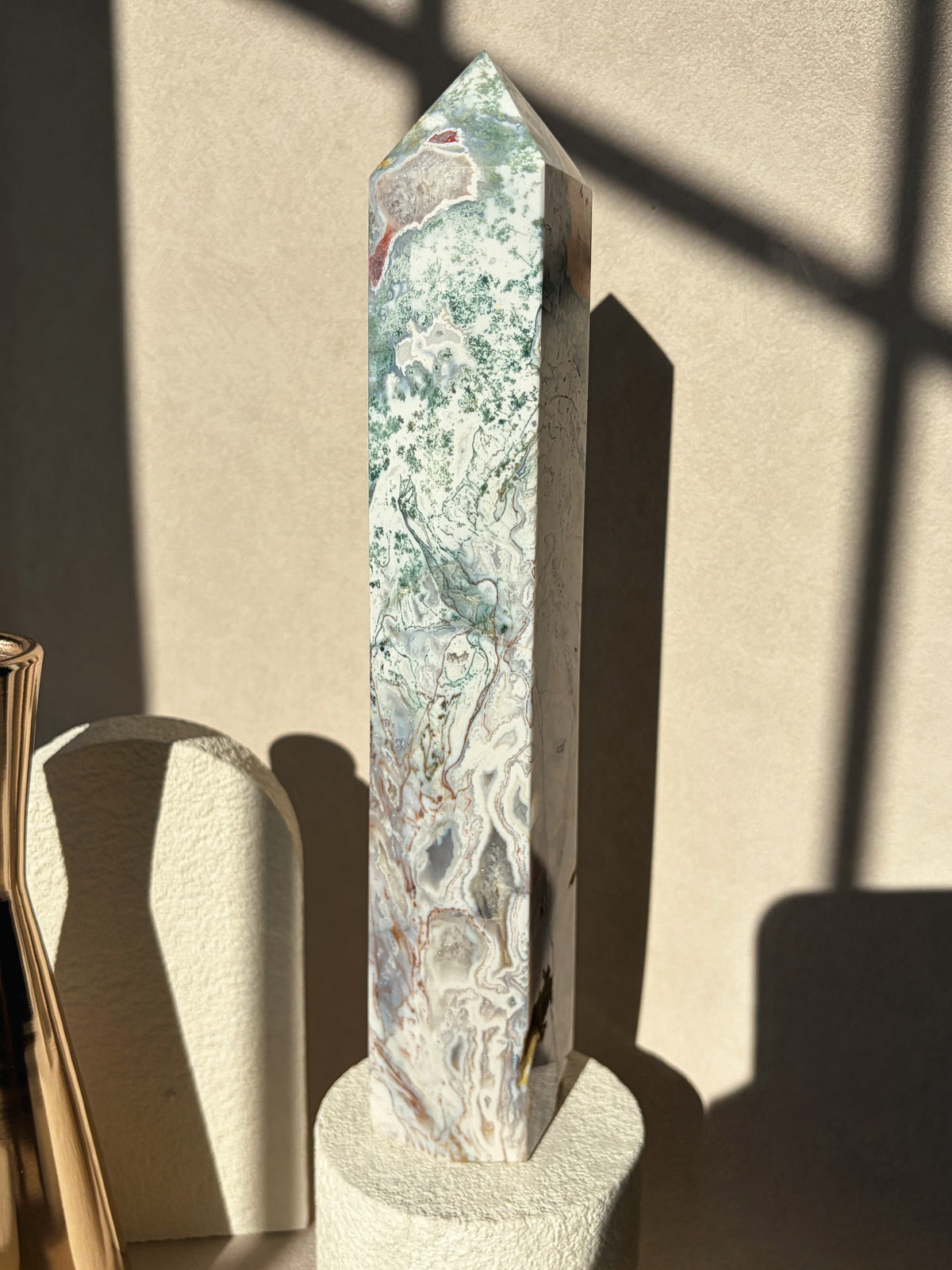 Pink Moss Agate Large Size Crystal Tower
