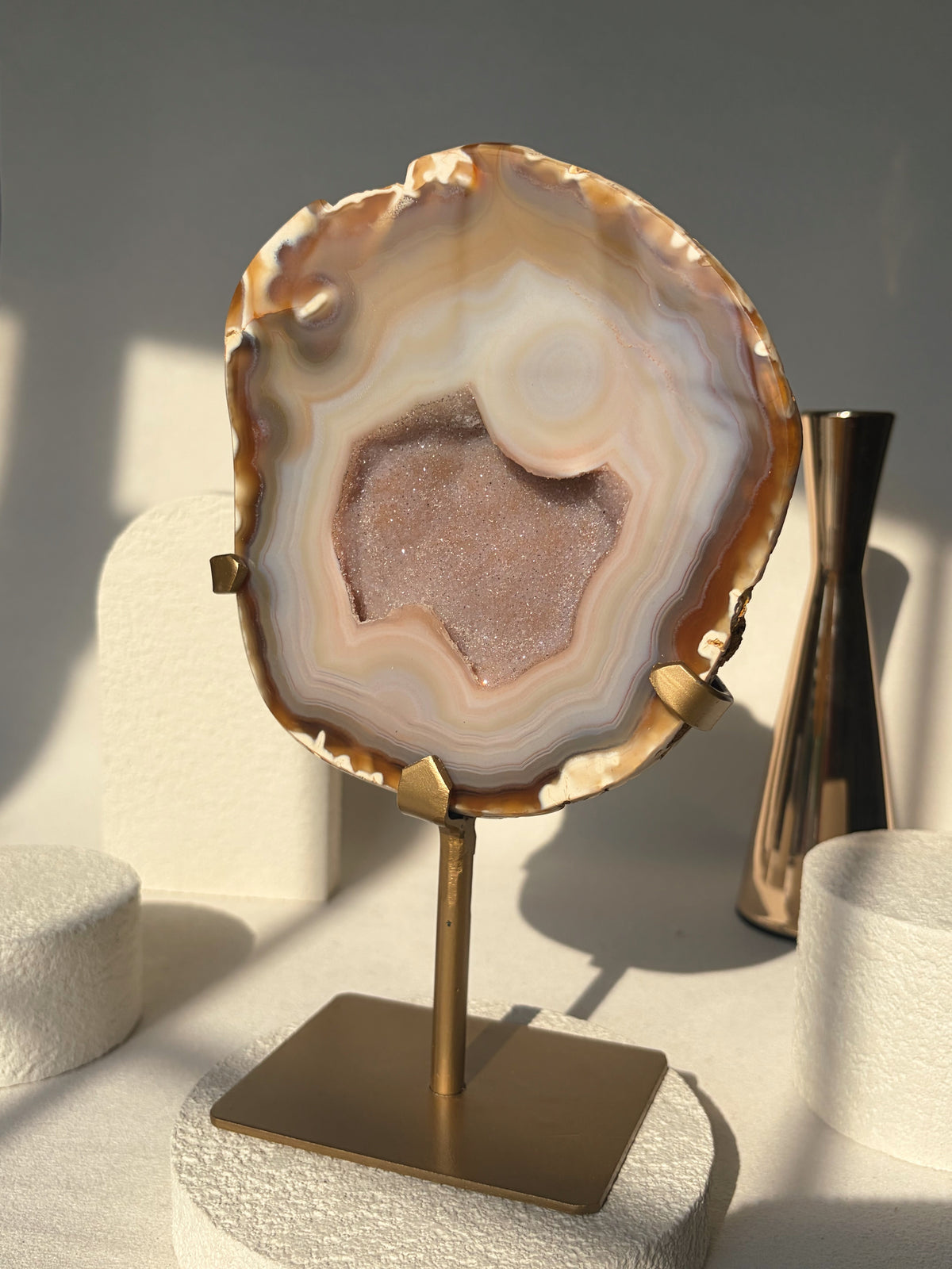 Pink Banded Agate Geode on Stand