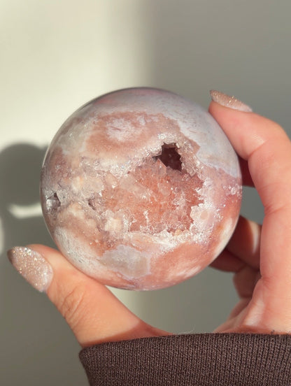 Pink amethyst and orbicular blue flower agate sphere