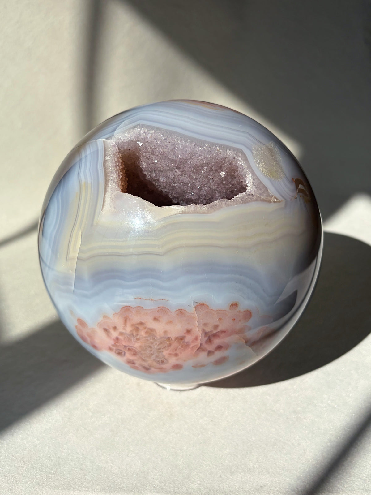Statement Blue Lace Agate With Amethyst Druzy and Pink plumes Crystal sphere
