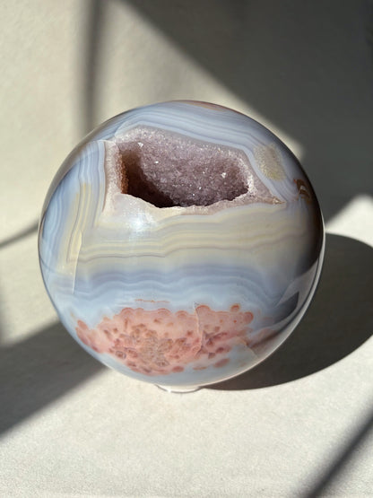Statement Blue Lace Agate With Amethyst Druzy and Pink plumes Crystal sphere