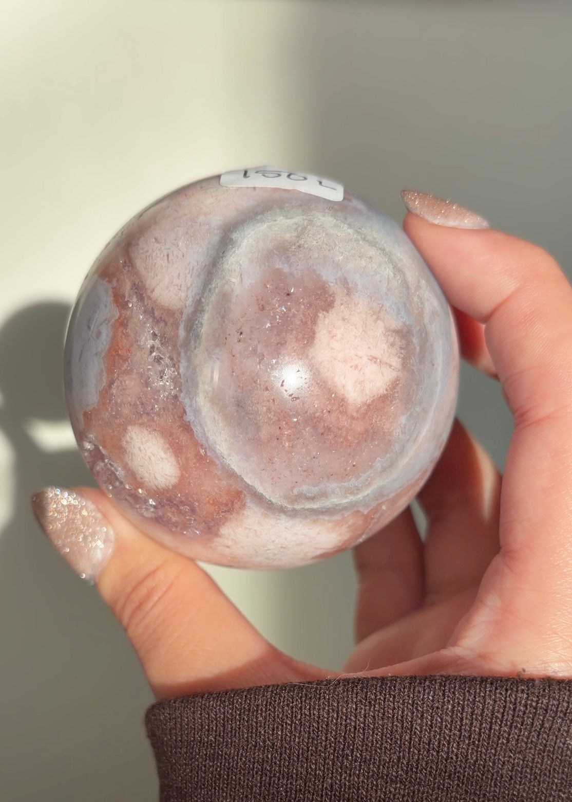 Pink amethyst and orbicular blue flower agate sphere