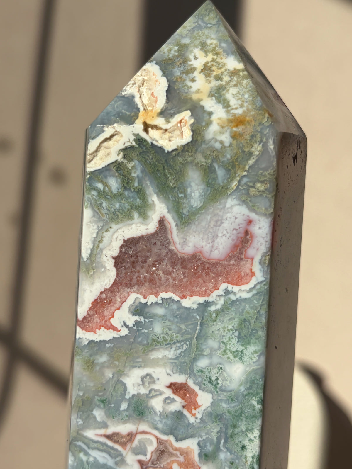 Pink Moss Agate Large Size Crystal Tower