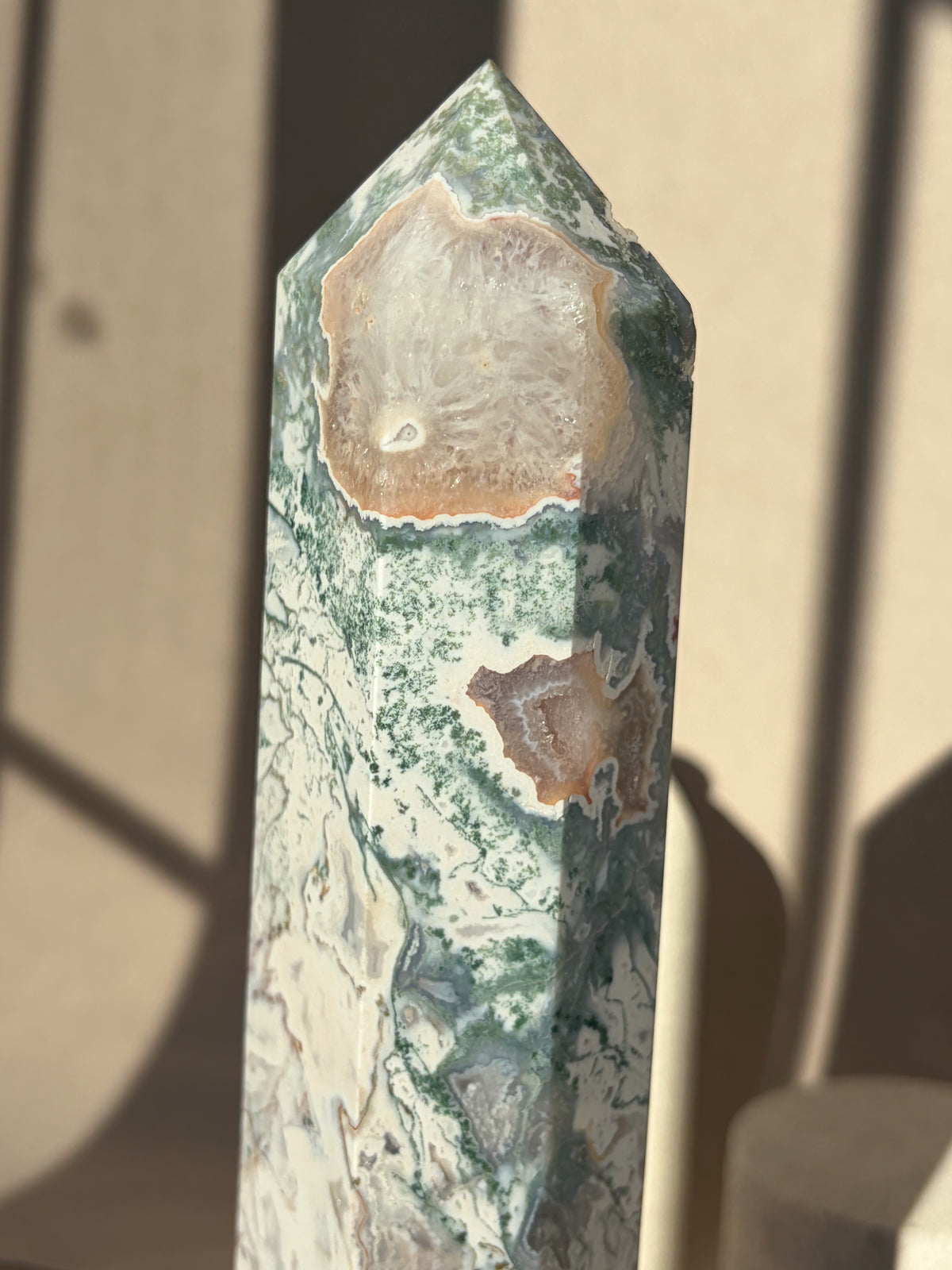 Pink Moss Agate Large Size Crystal Tower