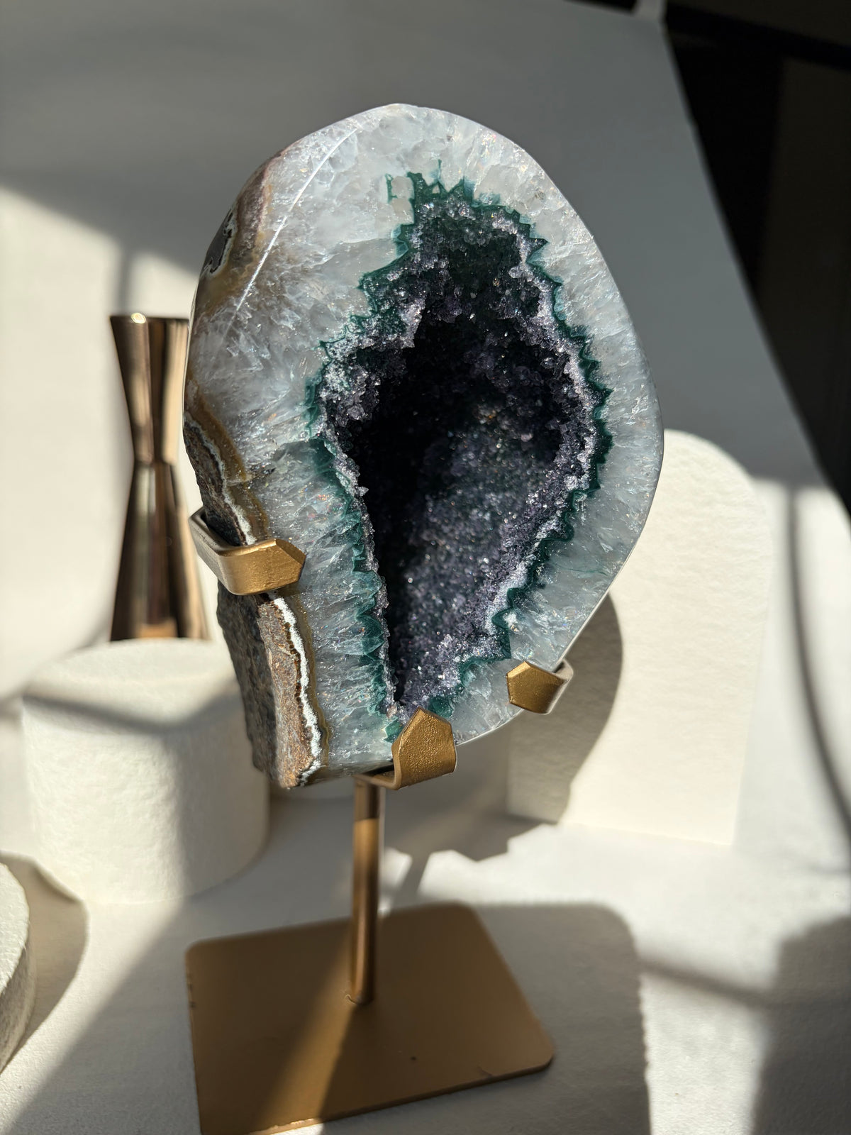 Green Druzy Rainbow Amethyst Geode on Stand