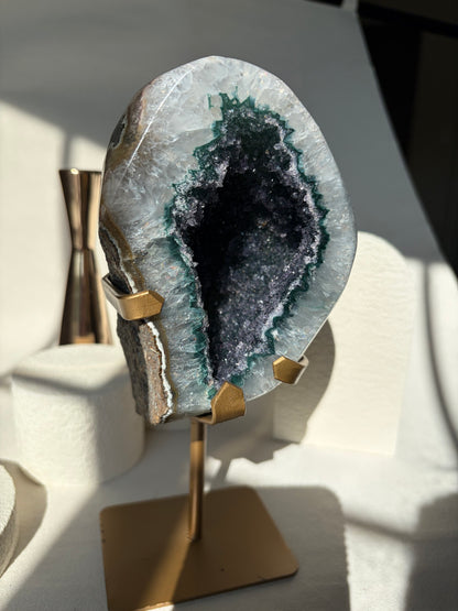 Green Druzy Rainbow Amethyst Geode on Stand