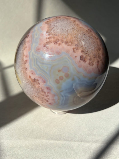 Statement Blue Lace Agate With Amethyst Druzy and Pink plumes Crystal sphere