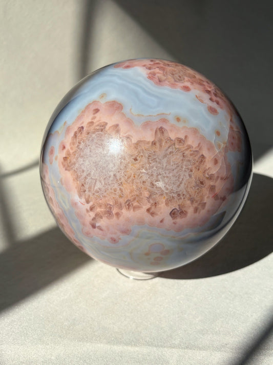 Statement Blue Lace Agate With Amethyst Druzy and Pink plumes Crystal sphere