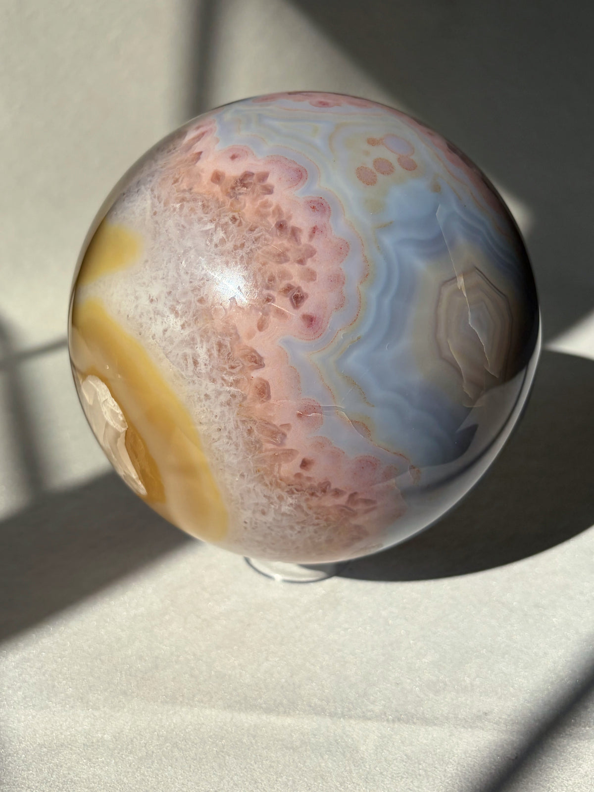 Statement Blue Lace Agate With Amethyst Druzy and Pink plumes Crystal sphere