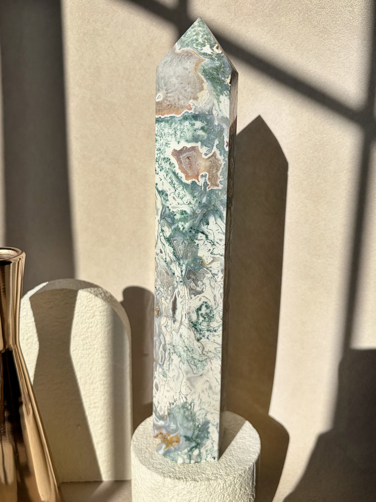 Pink Moss Agate Large Size Crystal Tower