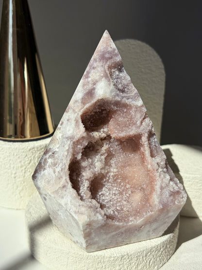 Pink Amethyst Agate Faceted Pendulum Shape With Pink Sugary Druzy