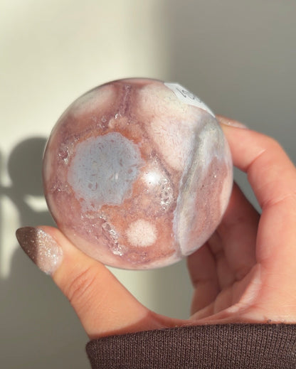Pink amethyst and orbicular blue flower agate sphere