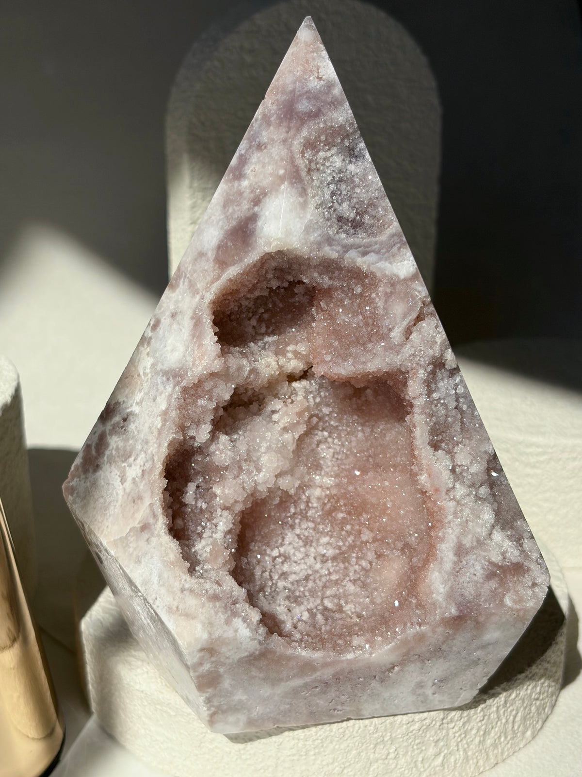 Pink Amethyst Agate Faceted Pendulum Shape With Pink Sugary Druzy