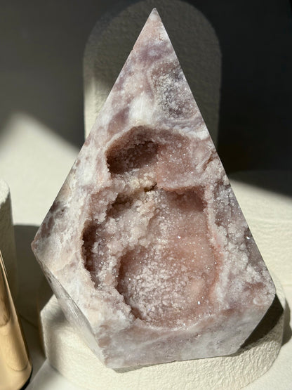 Pink Amethyst Agate Faceted Pendulum Shape With Pink Sugary Druzy