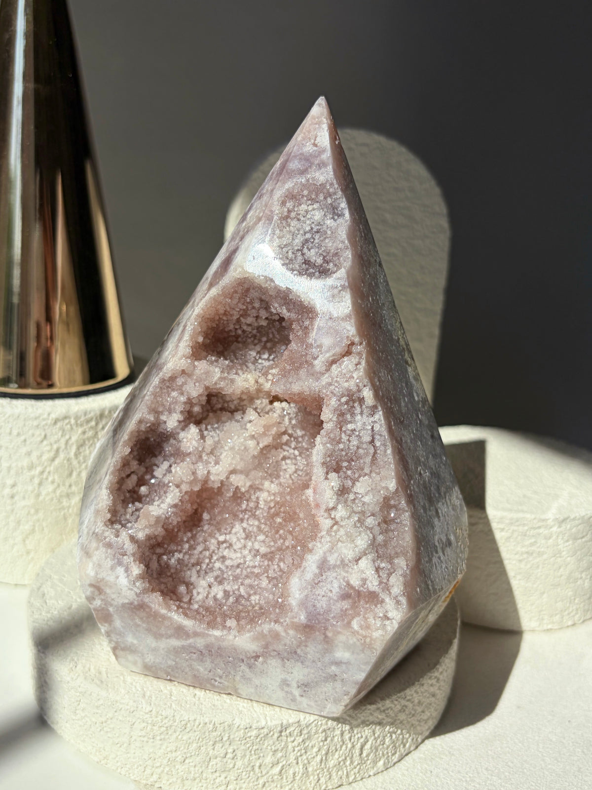 Pink Amethyst Agate Faceted Pendulum Shape With Pink Sugary Druzy