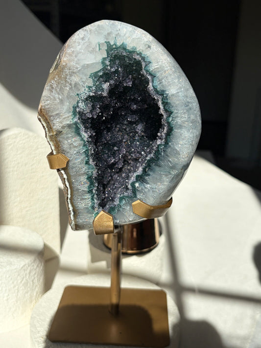 Green Druzy Rainbow Amethyst Geode on Stand