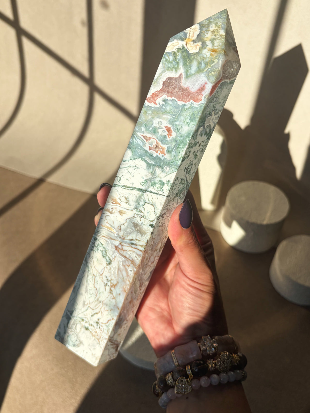 Pink Moss Agate Large Size Crystal Tower