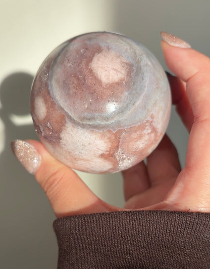 Pink amethyst and orbicular blue flower agate sphere