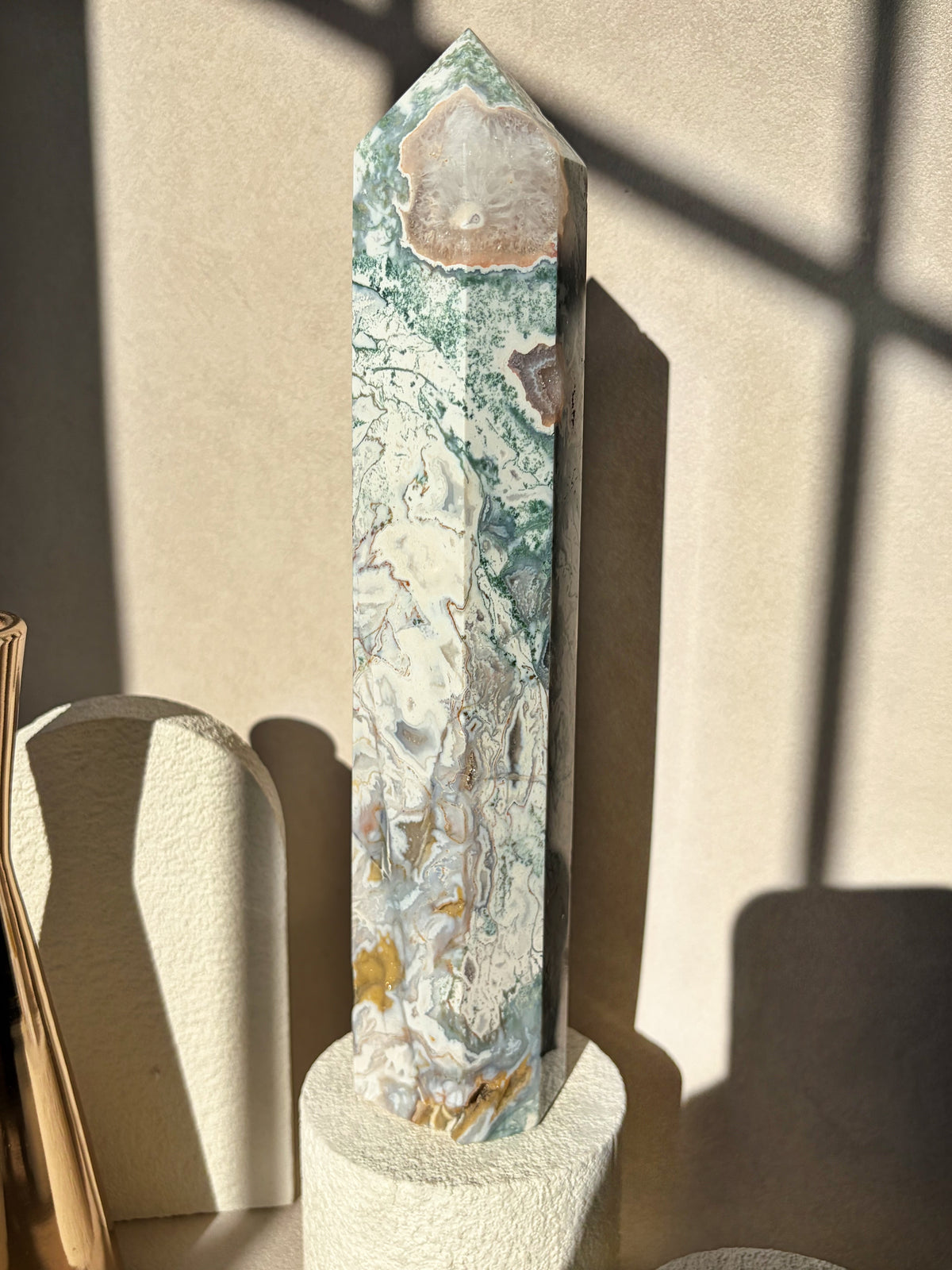 Pink Moss Agate Large Size Crystal Tower