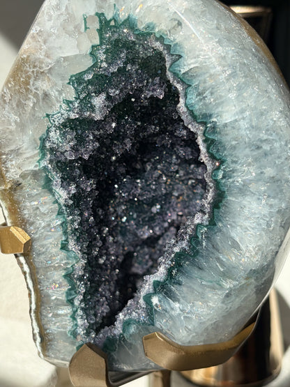 Green Druzy Rainbow Amethyst Geode on Stand