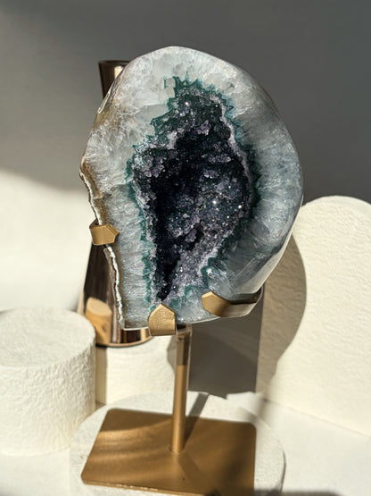 Green Druzy Rainbow Amethyst Geode on Stand