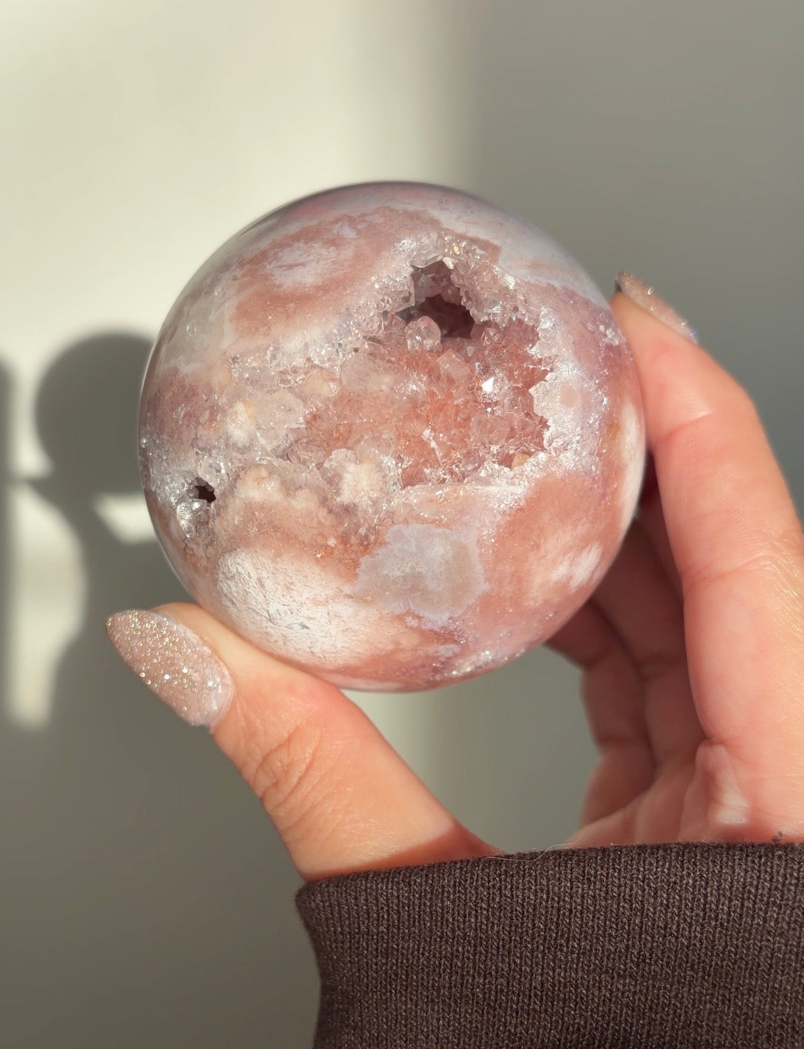 Pink amethyst and orbicular blue flower agate sphere