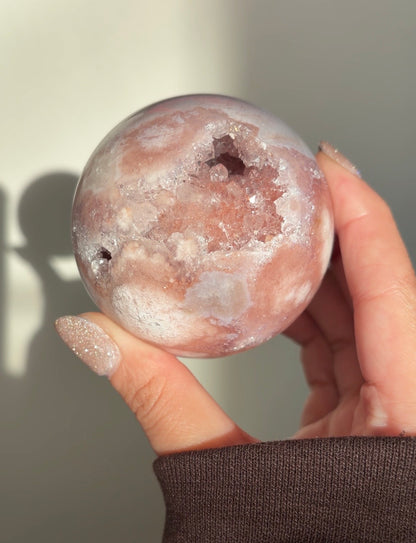Pink amethyst and orbicular blue flower agate sphere