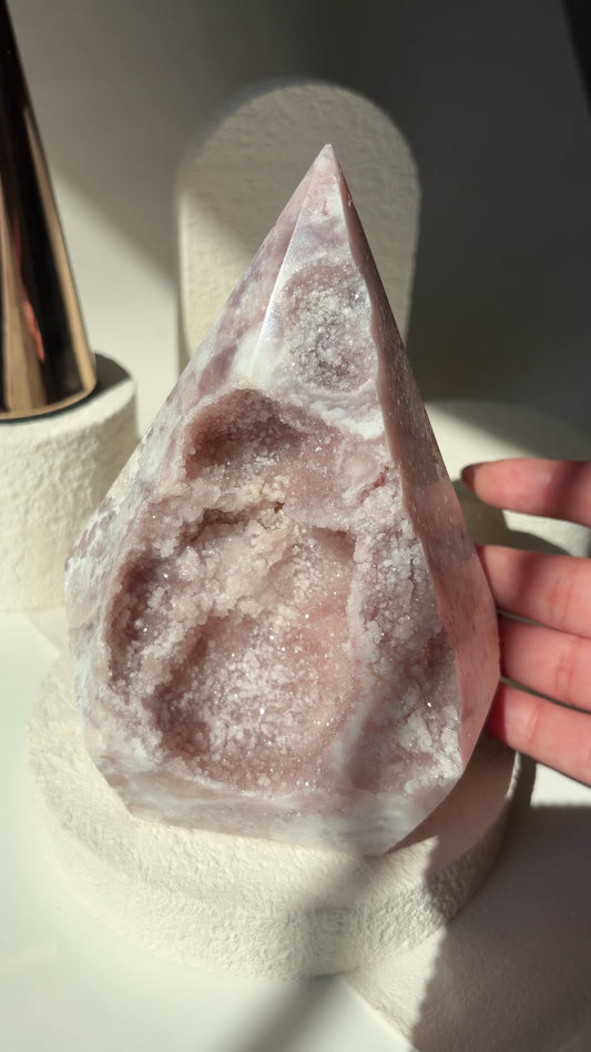 Pink Amethyst Agate Faceted Pendulum Shape With Pink Sugary Druzy