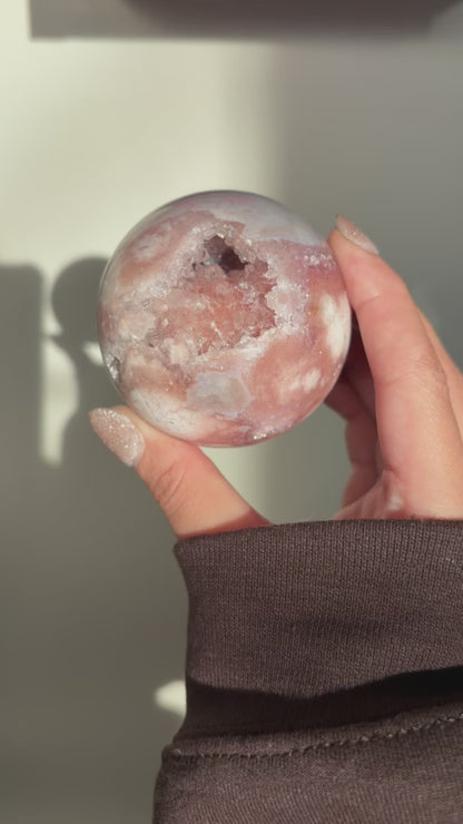 Pink amethyst and orbicular blue flower agate sphere