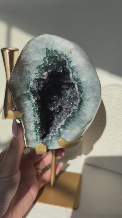 Green Druzy Rainbow Amethyst Geode on Stand