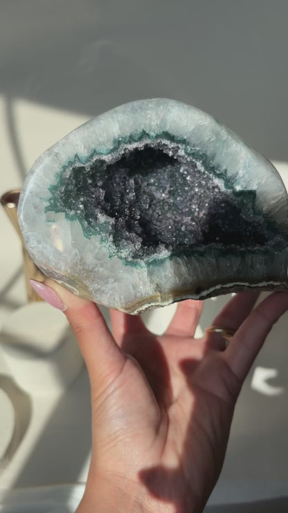 Green Druzy Rainbow Amethyst Geode on Stand